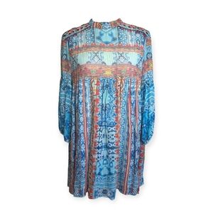 Hemant & Nandita Silk Mini Dress Bohemian Blue and Red Patterned Size Medium